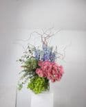 Composition florale moderne et excentrique avec gerberas Pasta roses, delphinium bleu, eucalyptus