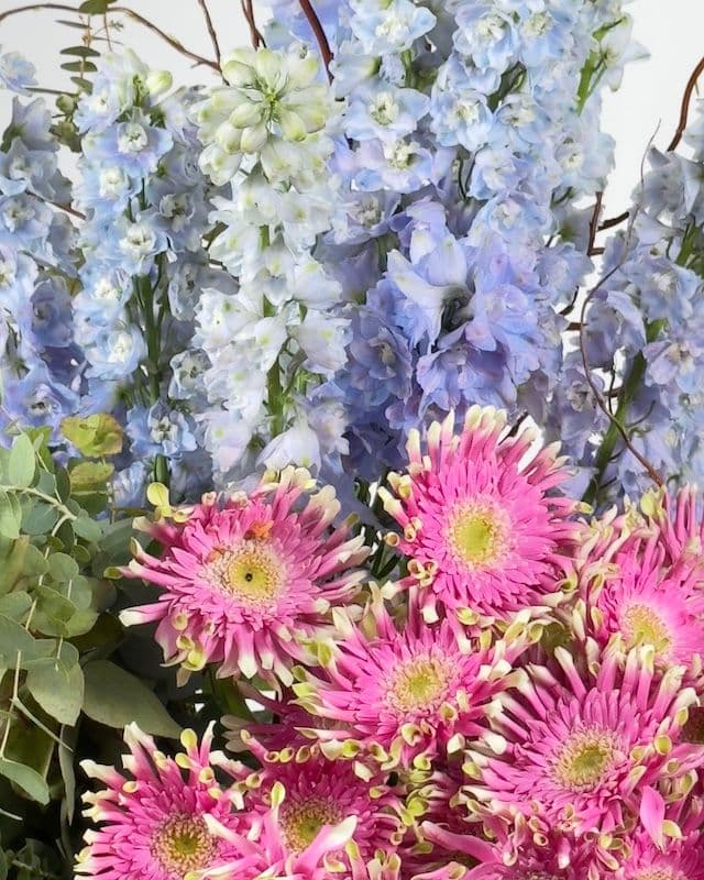 Composition florale moderne et excentrique avec gerberas Pasta roses, delphinium bleu, eucalyptus